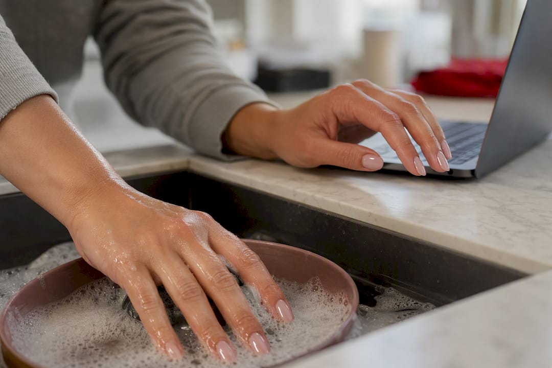 Hands with gel manicure typing and washing dishes