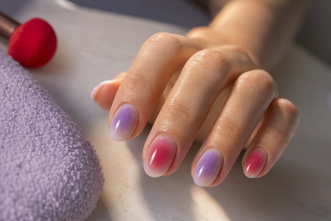 Aura manicure with glowing centered color halos