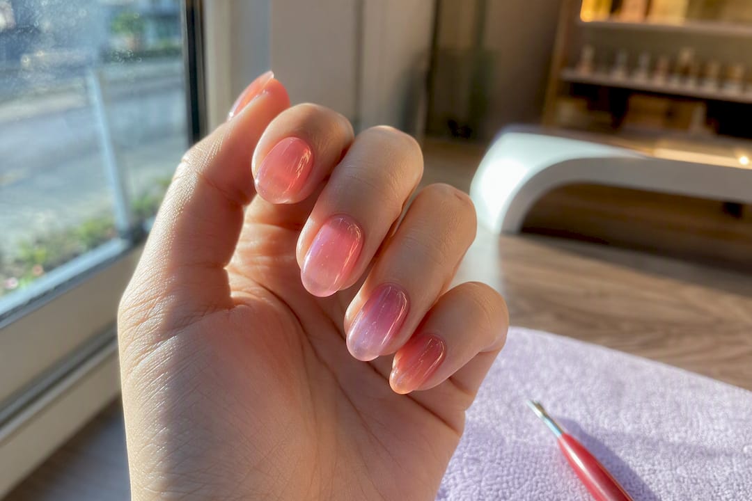 Translucent jelly nails glowing in daylight