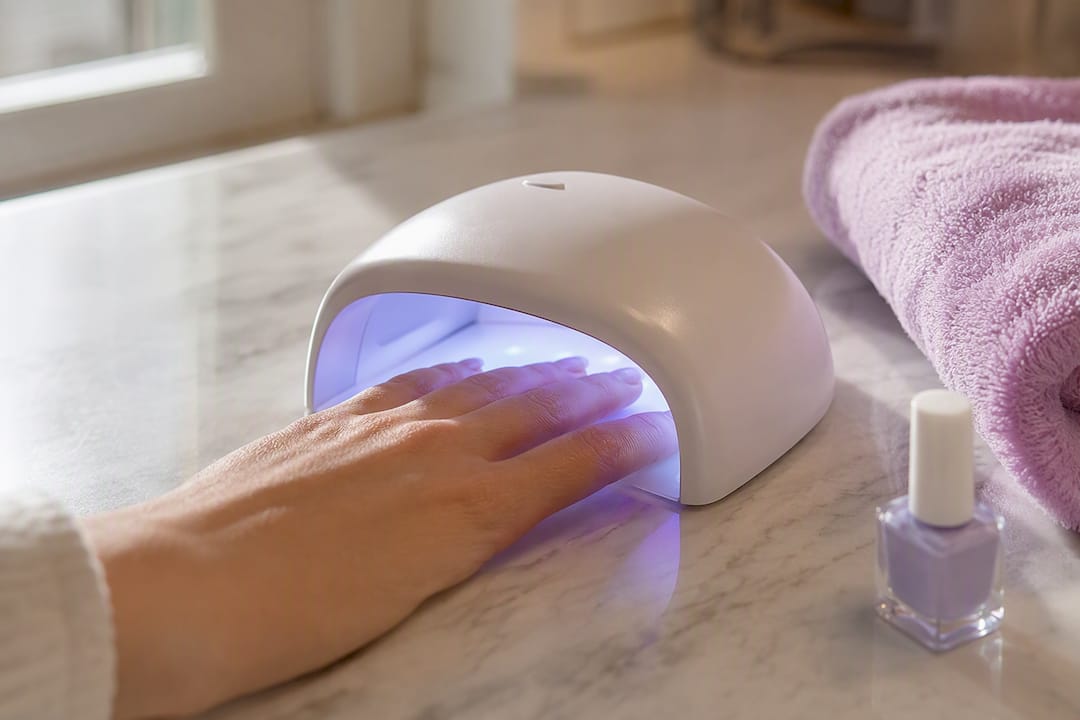 Fingertips beneath a gel curing lamp