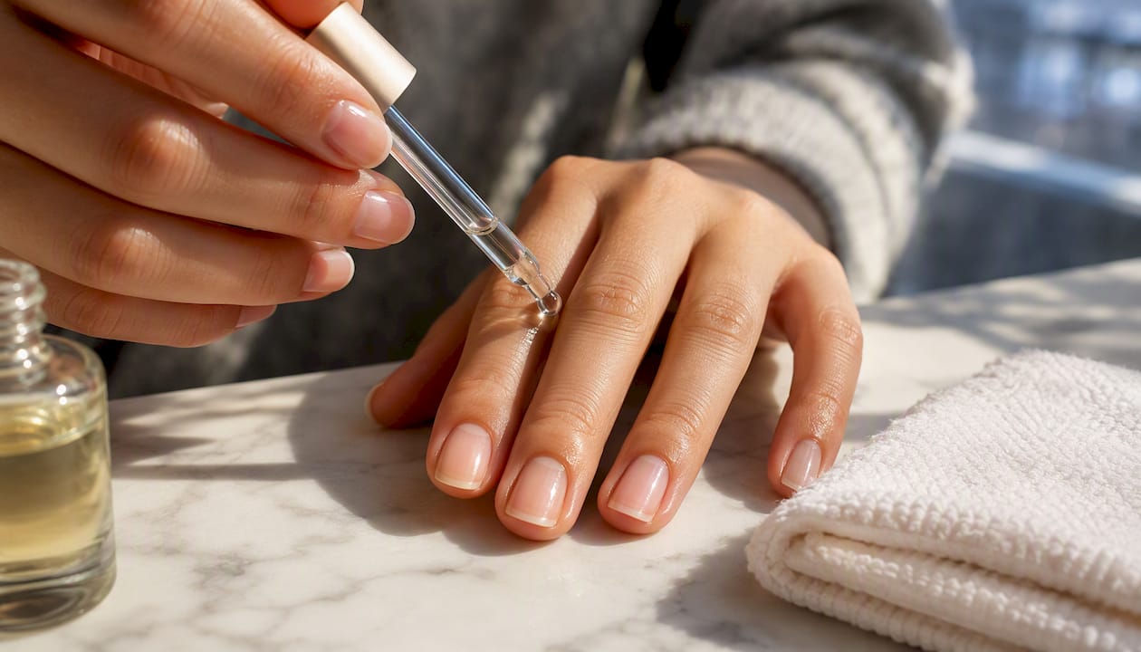 Applying cuticle oil around healthy nails