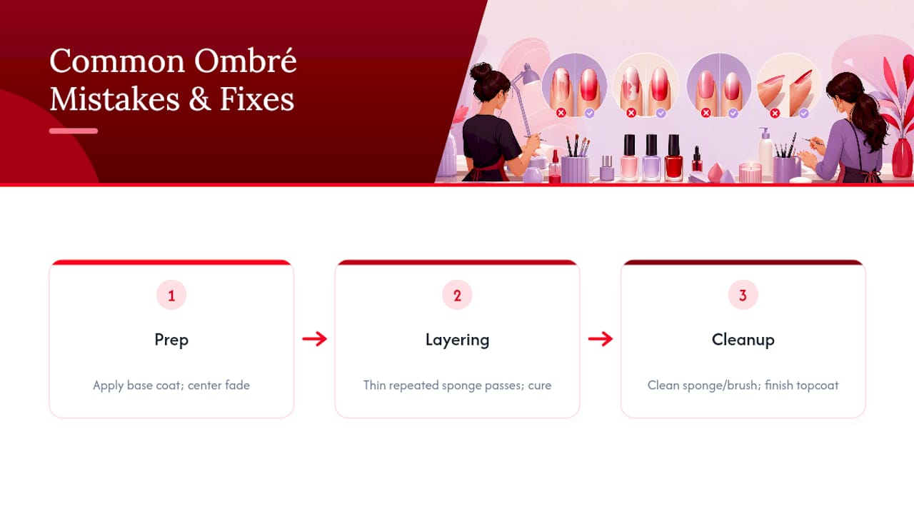 Three-stage French ombré mistake prevention flow