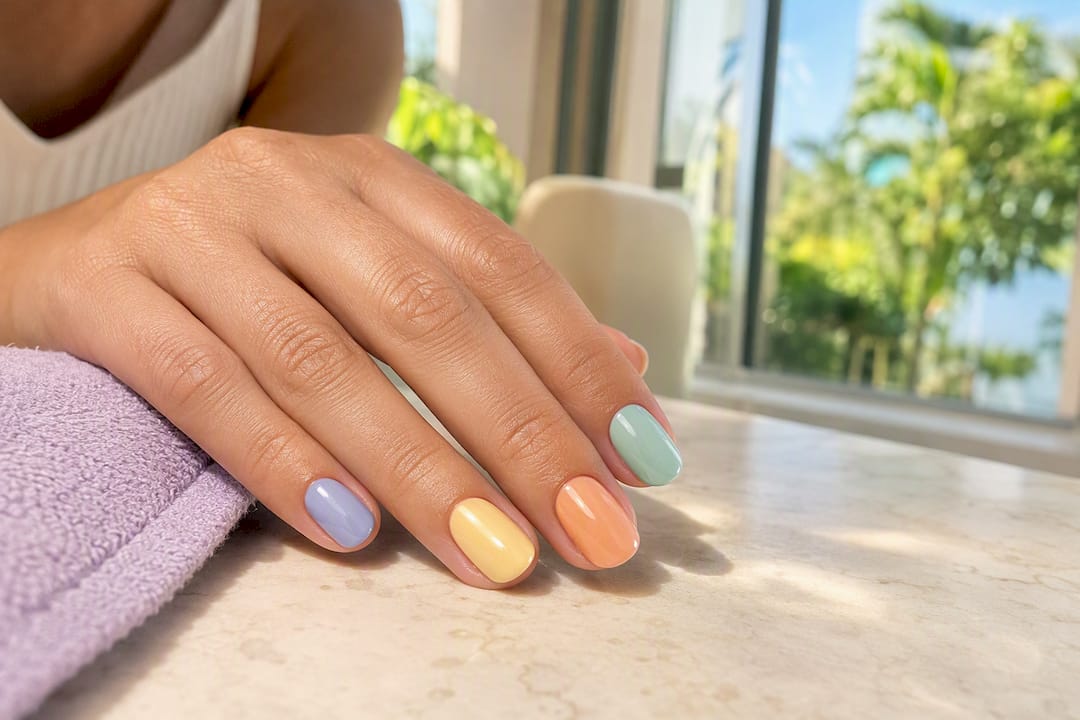 Glazed pastel spring manicure in salon light