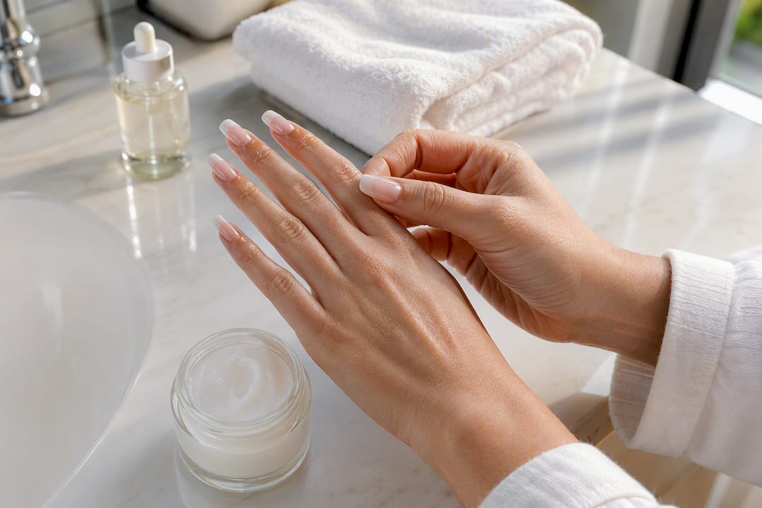 Hands applying cuticle oil around acrylic nails