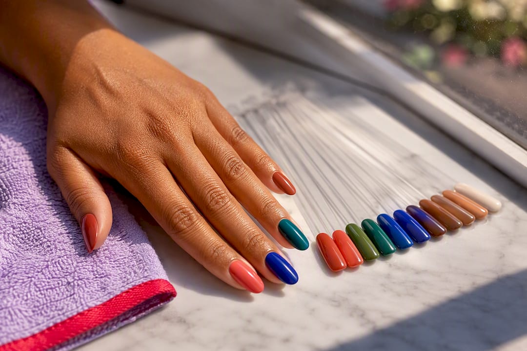 Tan hand with flattering colorful nail swatches