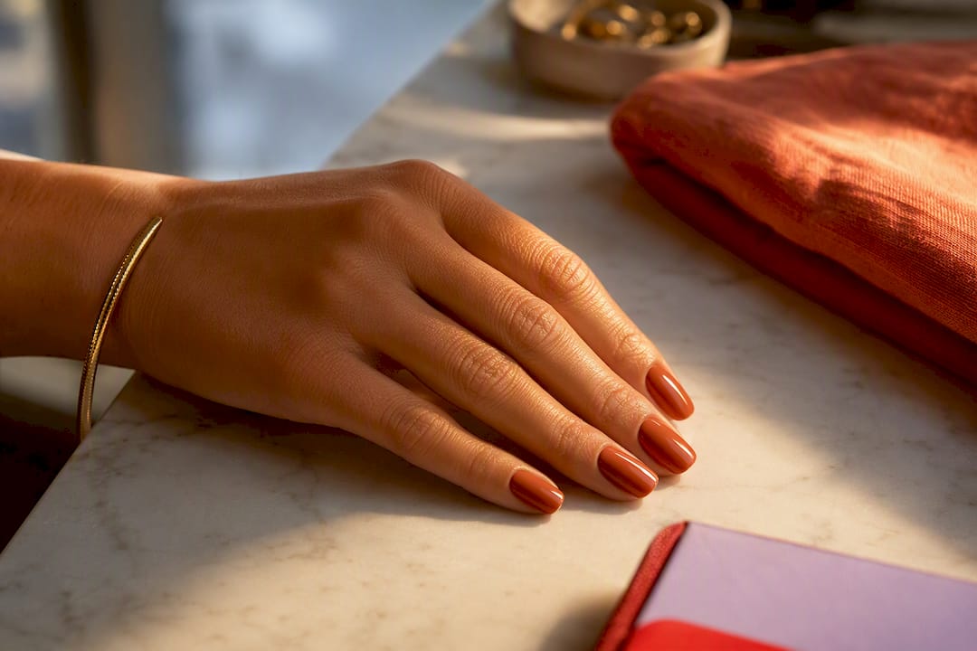 Terracotta manicure with gold jewelry and coral fabric