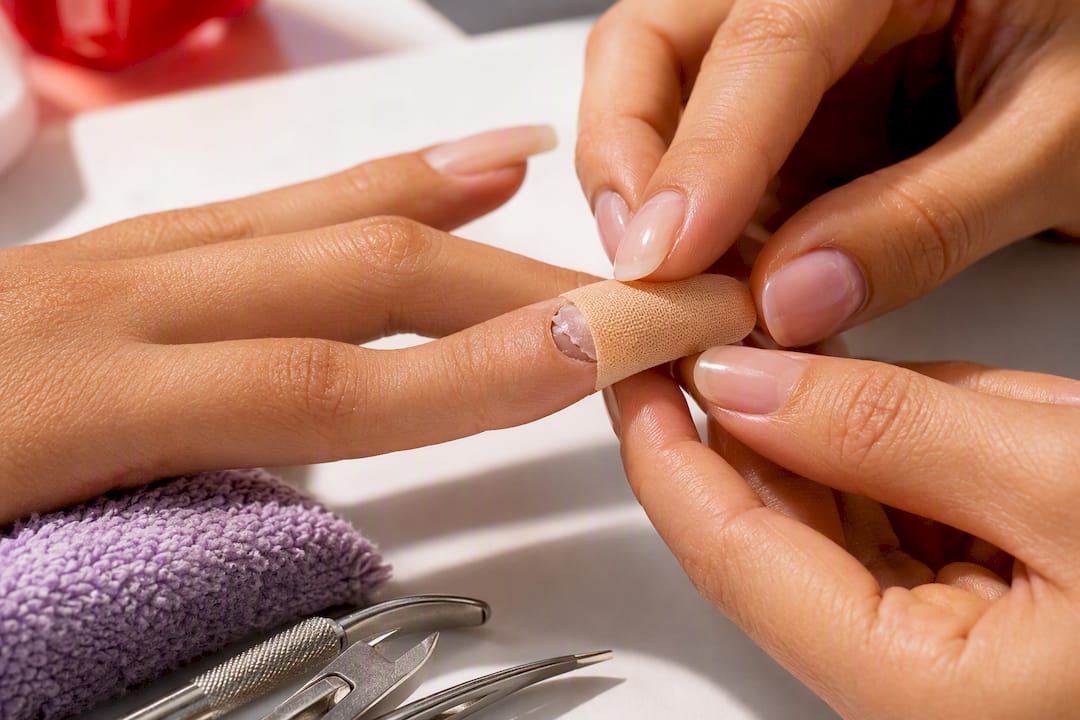 Lifted acrylic nail covered with bandage