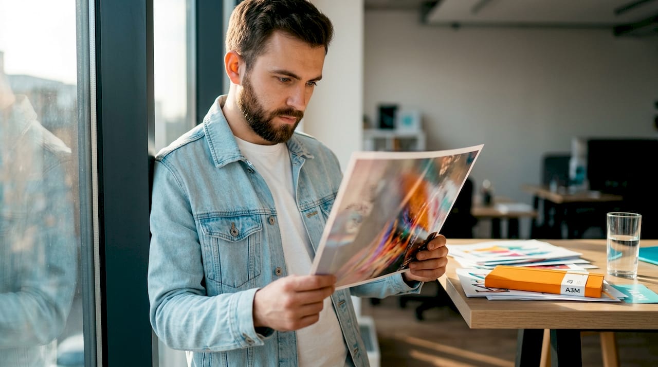 Designer checking glossy print reflections