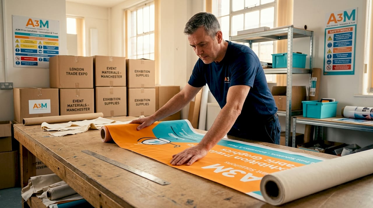 Technician inspecting durable event banner