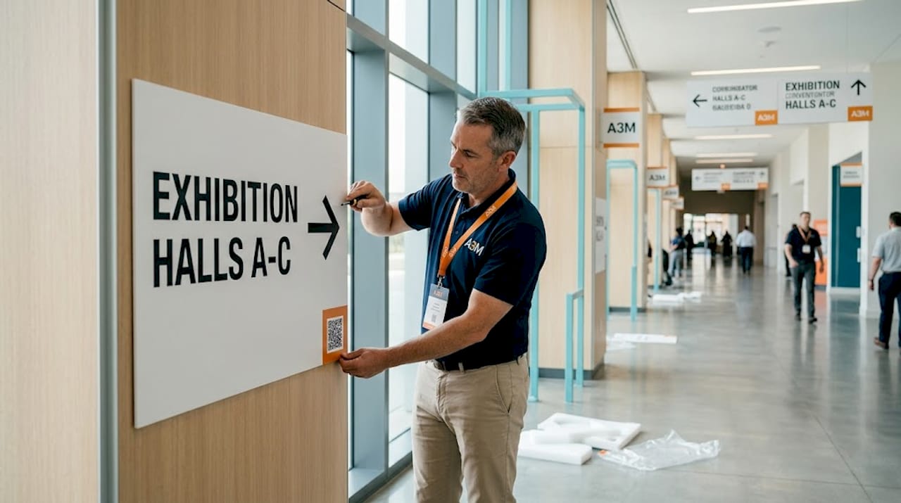 Staff installing clear directional event signage