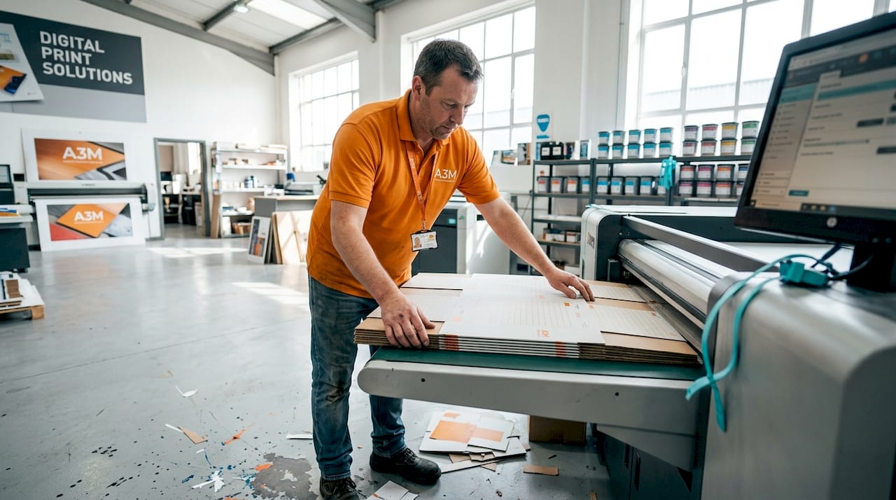 Technician loading packaging sheets for printing