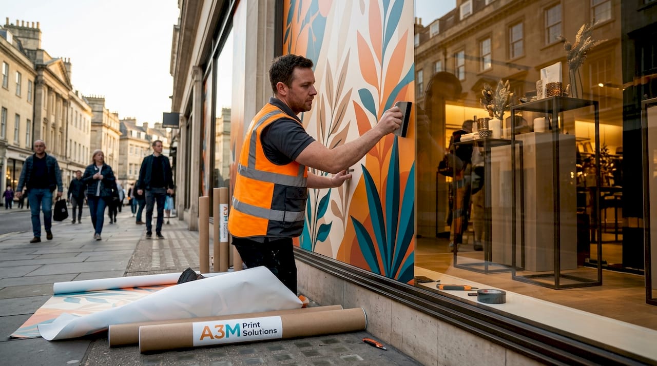 Installer applies large window mural outside store