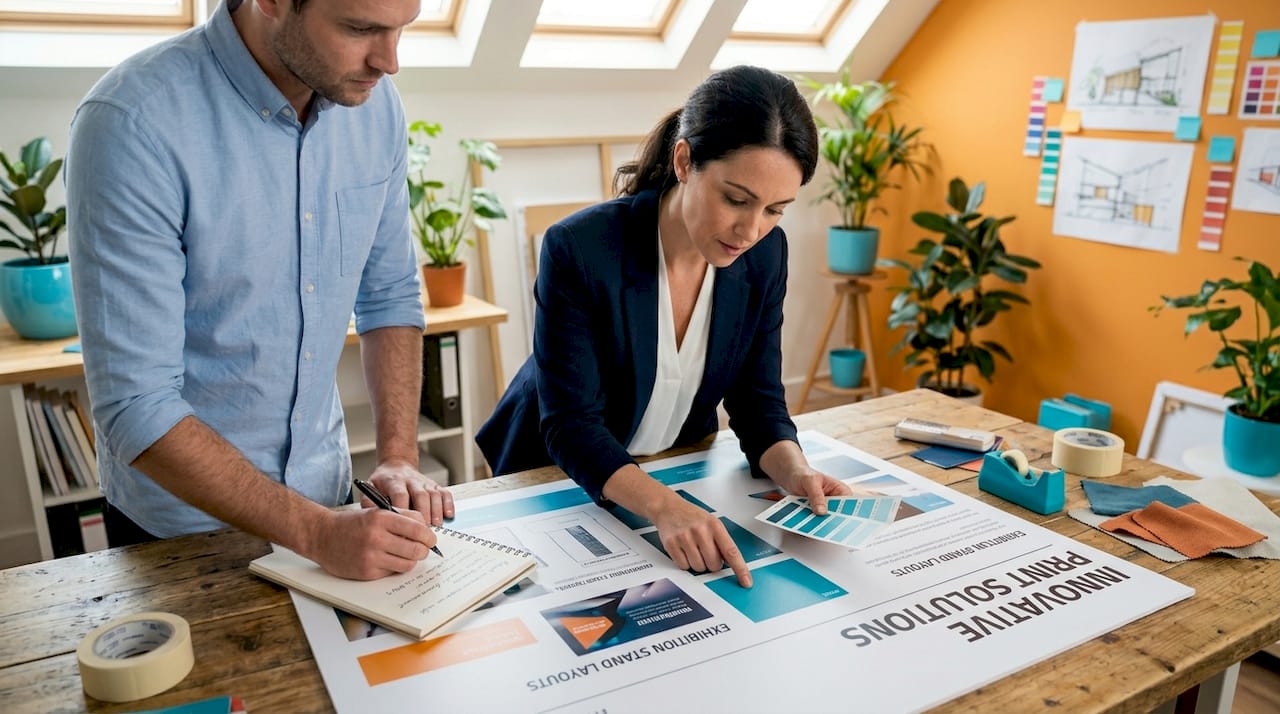 Designer checking printed exhibition panel with notes
