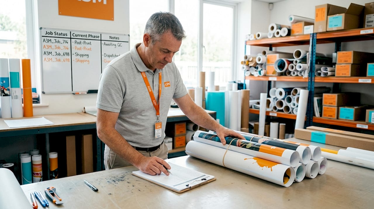 Quality specialist checks finished prints on bench