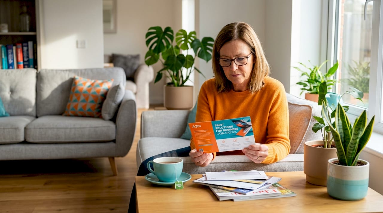 Woman reading product launch postcard in kitchen