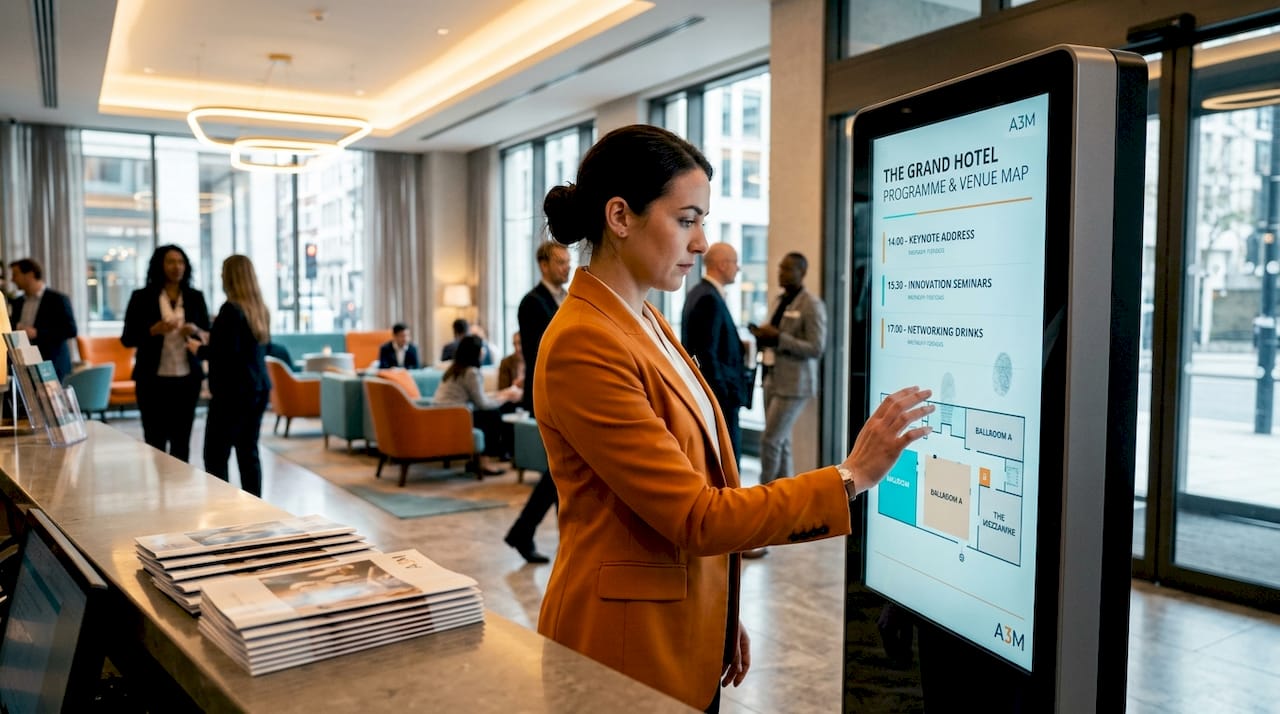 Receptionist uses digital signage in lobby