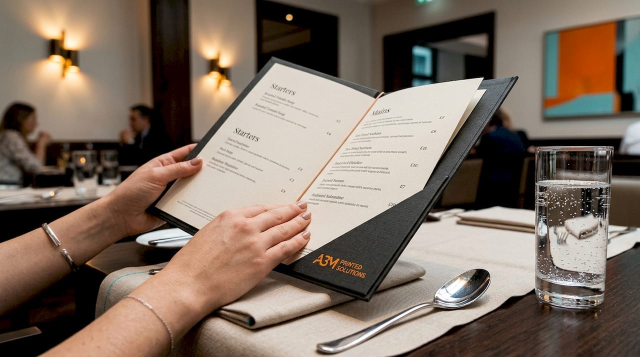 Guest holding elegant printed hotel menu at restaurant table