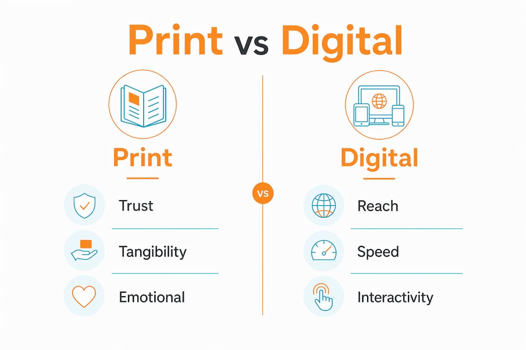 Infographic comparing print and digital marketing strengths