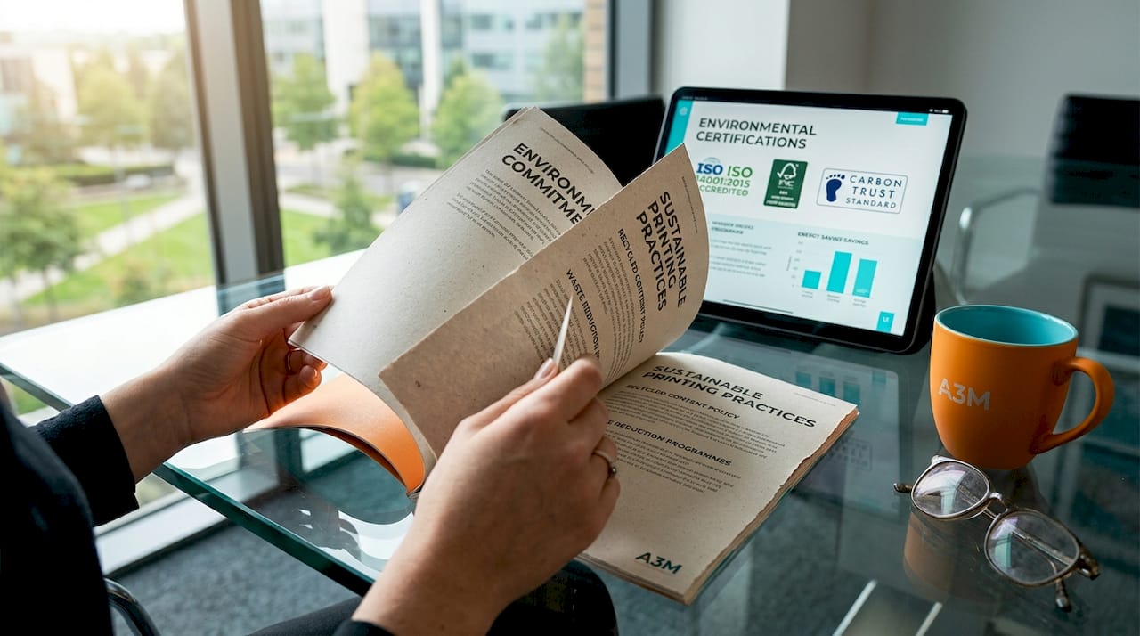 Hands turning pages of sustainability print policy booklet