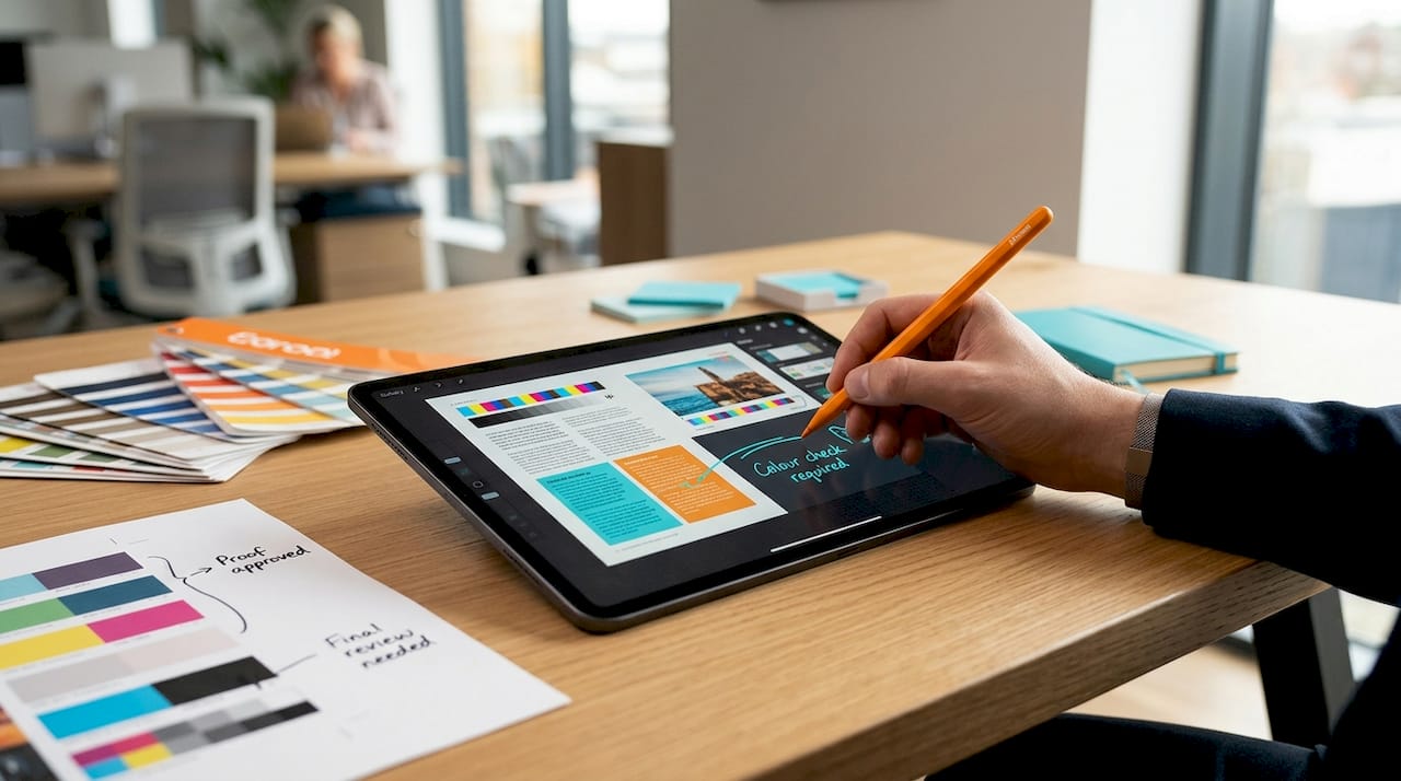 Hand annotating print proof on tablet in studio