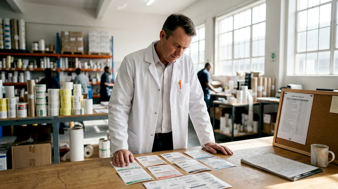Hands inspecting printed compliance labels closely