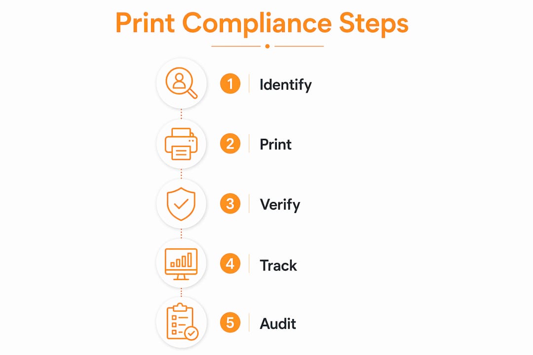 Infographic with numbered steps for print compliance process