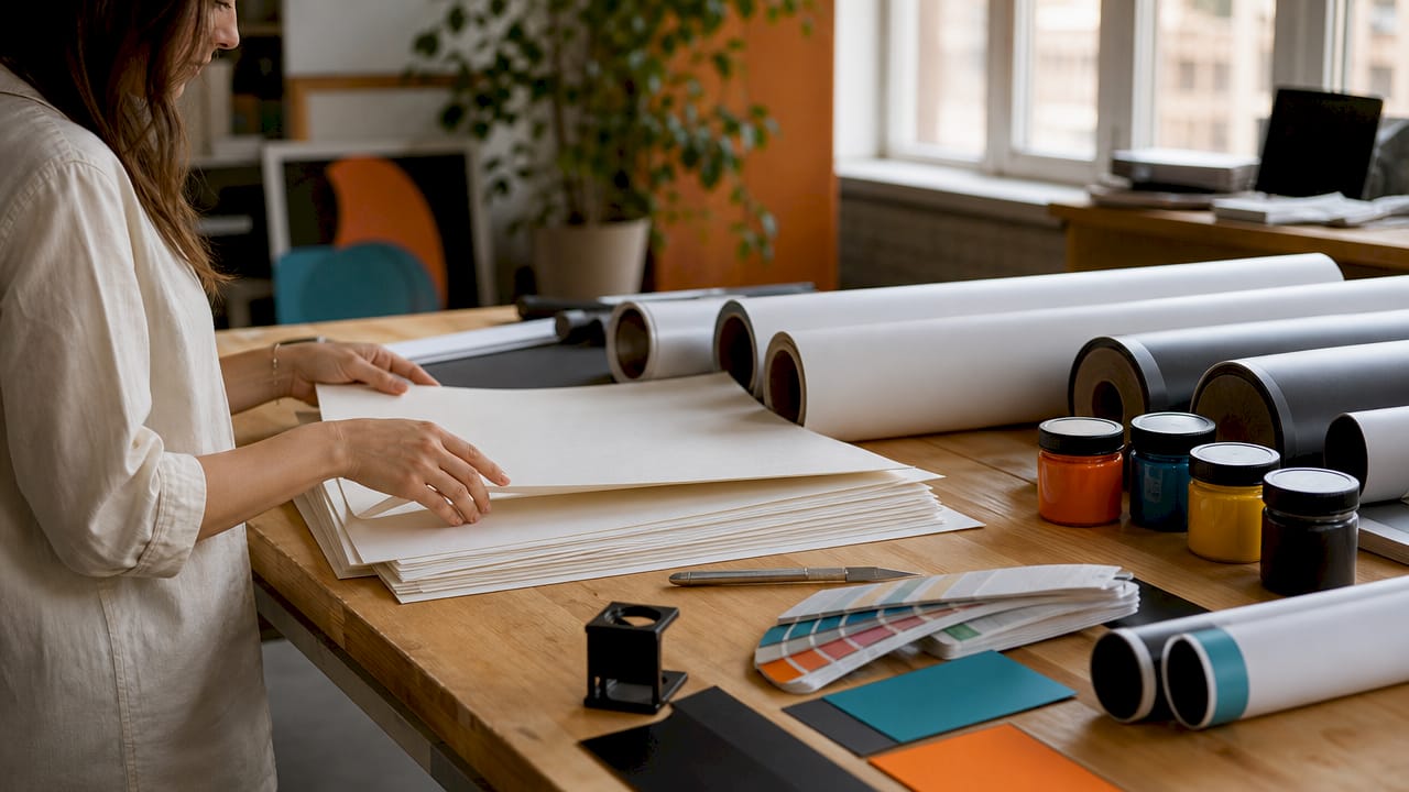 Hands touching sustainable print materials overhead