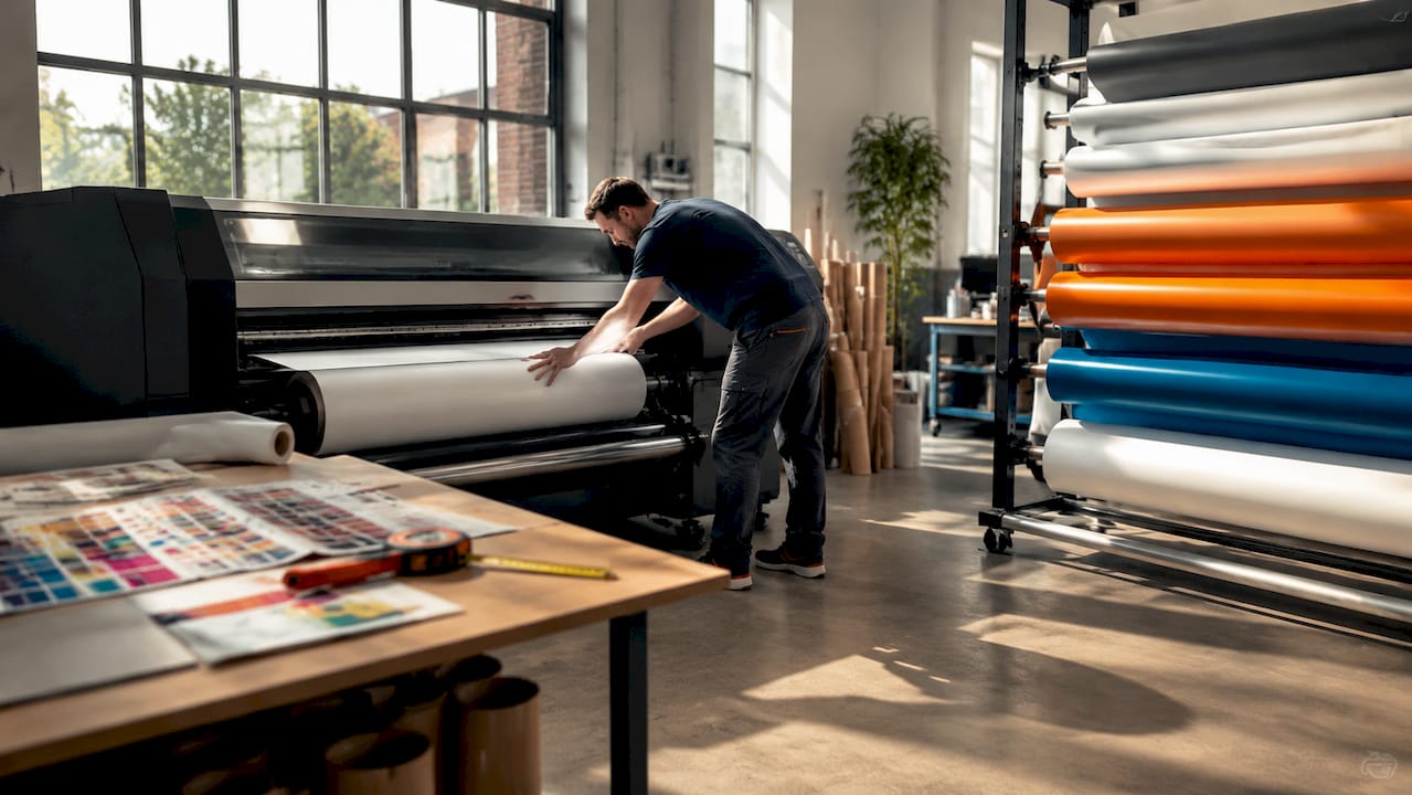 Hands adjusting wide-format printer media rolls