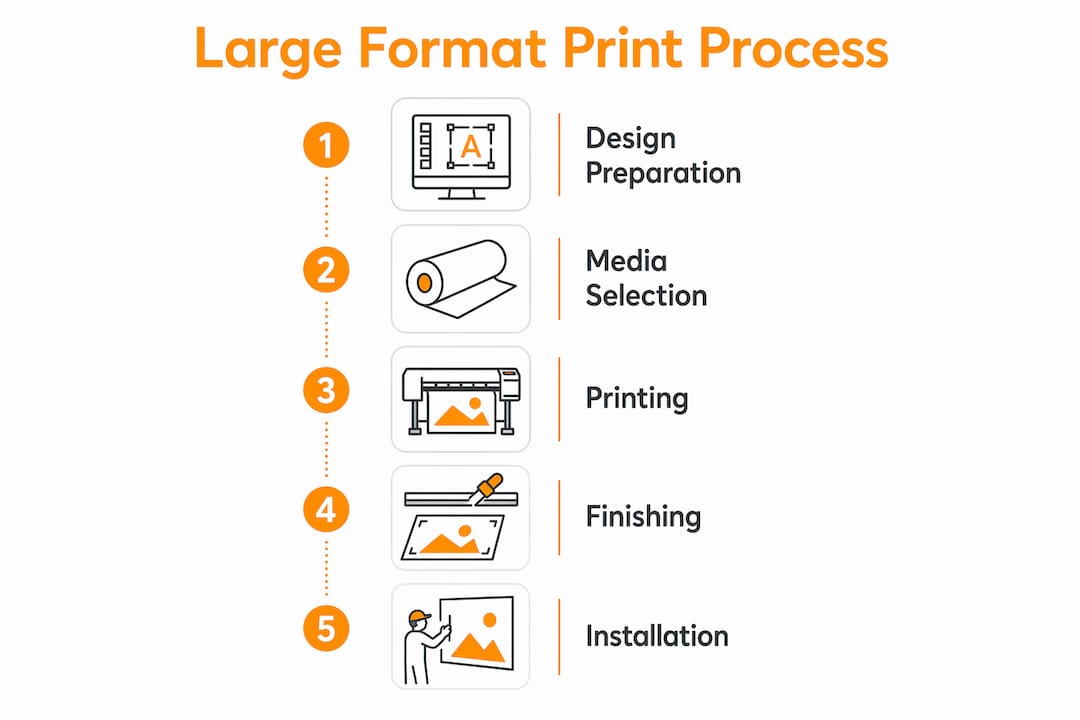 Infographic illustrating steps of large format print process