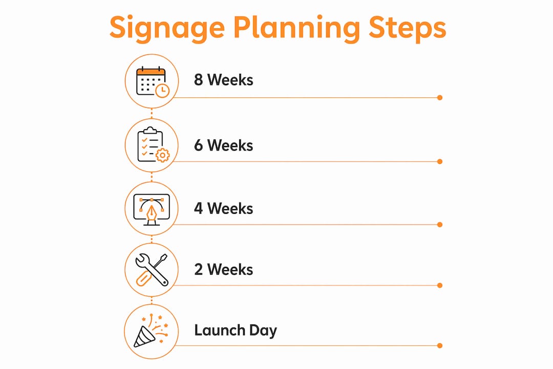 Infographic showing grand opening signage scheduling steps