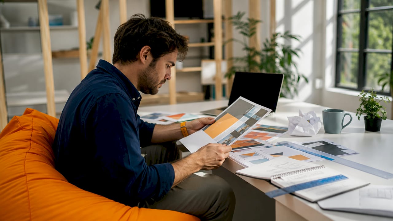 Hands inspecting bespoke print mock-ups on desk