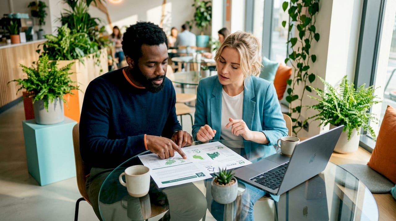 Pair reviewing FSC certification documents