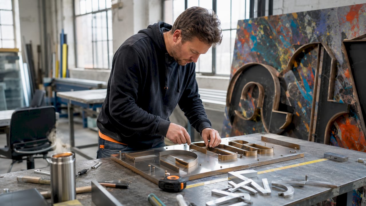 Hands assembling bronze architectural sign