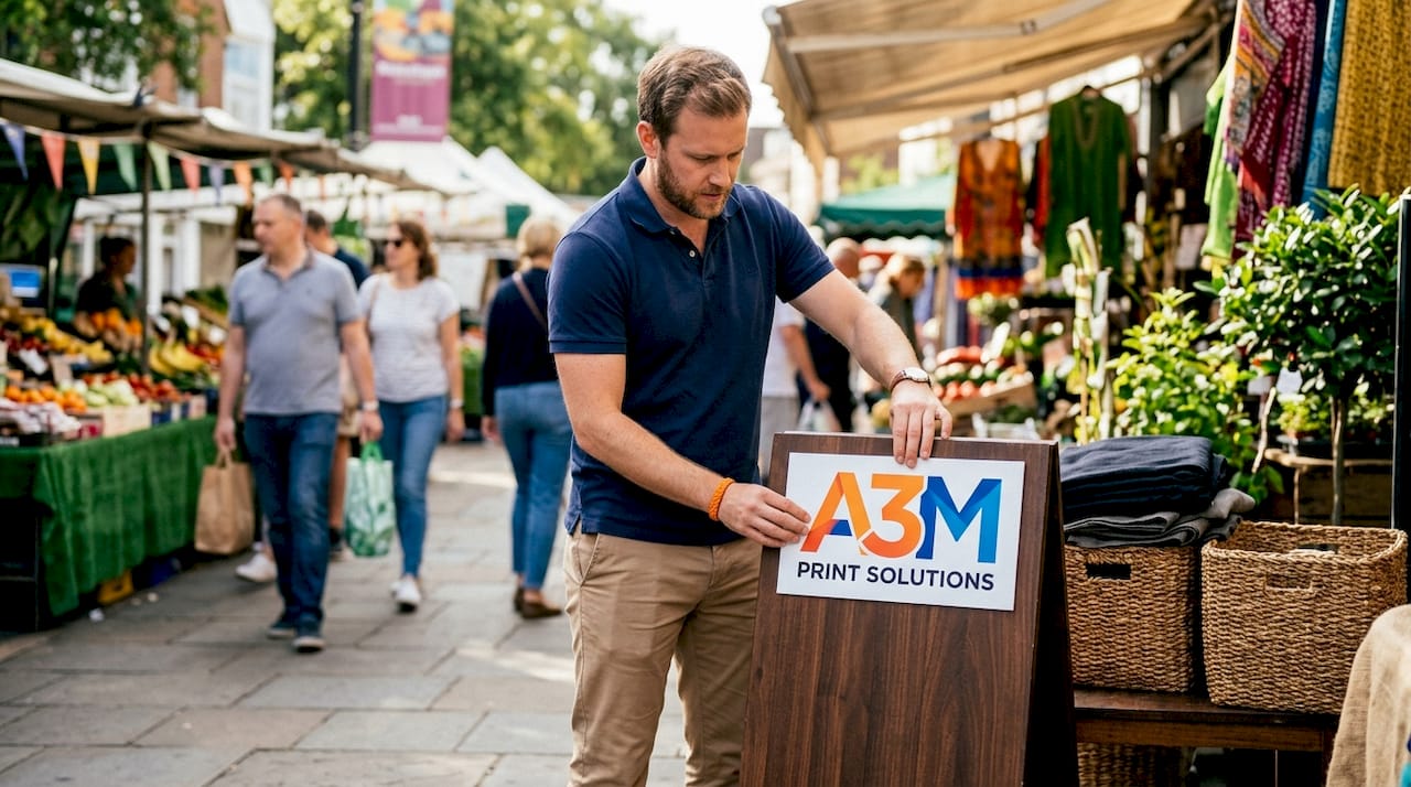 Store manager adjusting branded sign behind counter