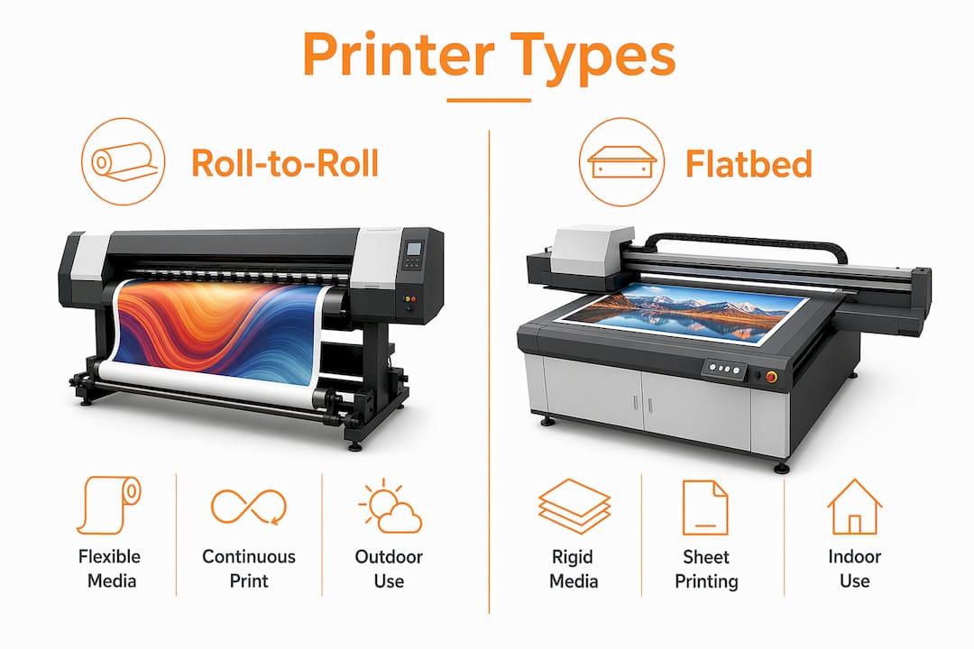 Infographic comparing roll-to-roll and flatbed printers