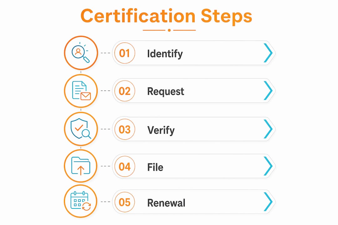 Infographic outlining certifications process steps in print procurement
