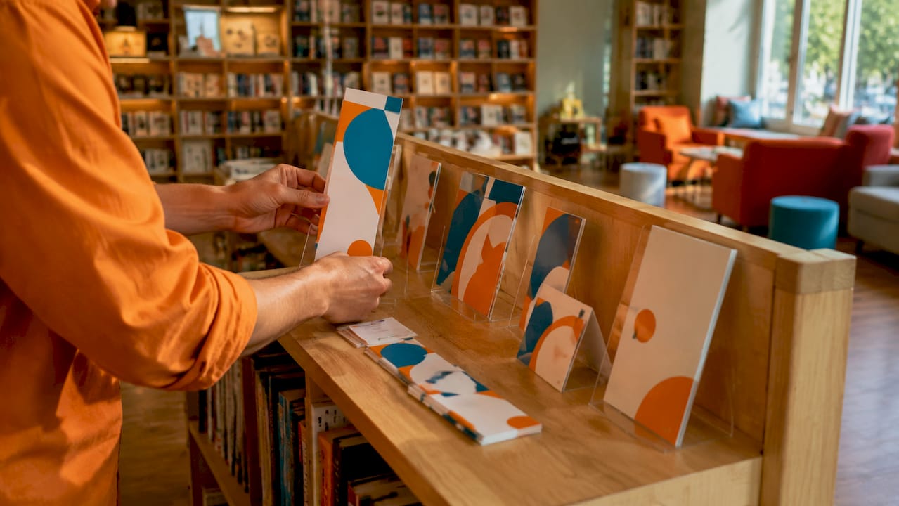 Hands positioning POS printed displays on store shelf