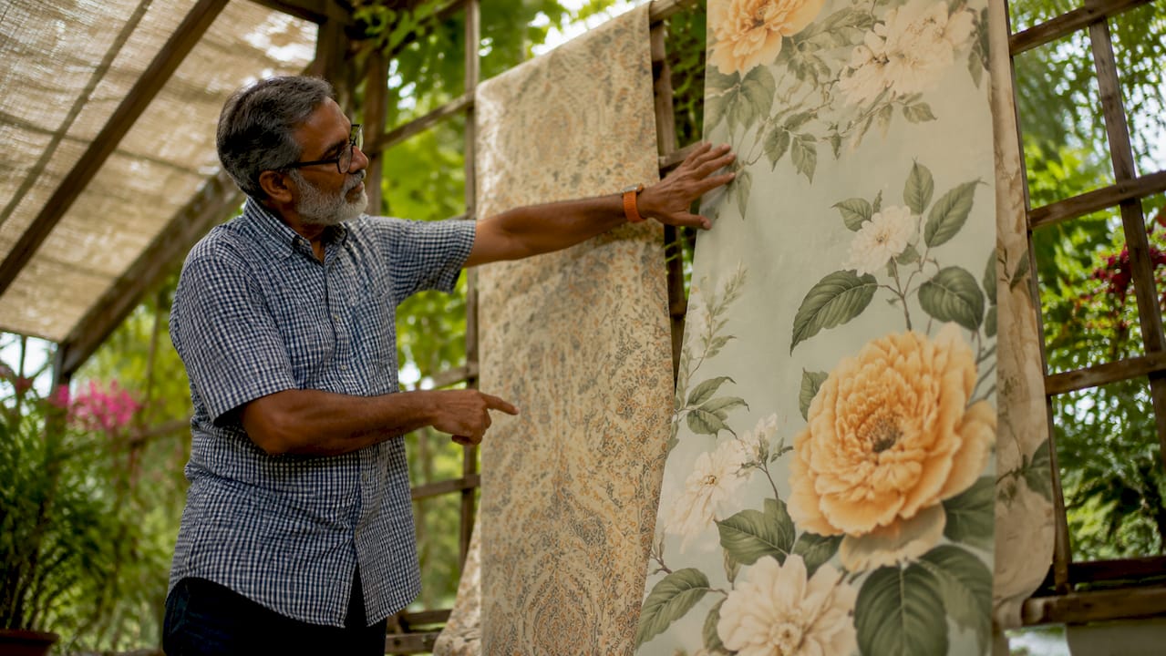 Hands comparing traditional and digital wallpaper rolls