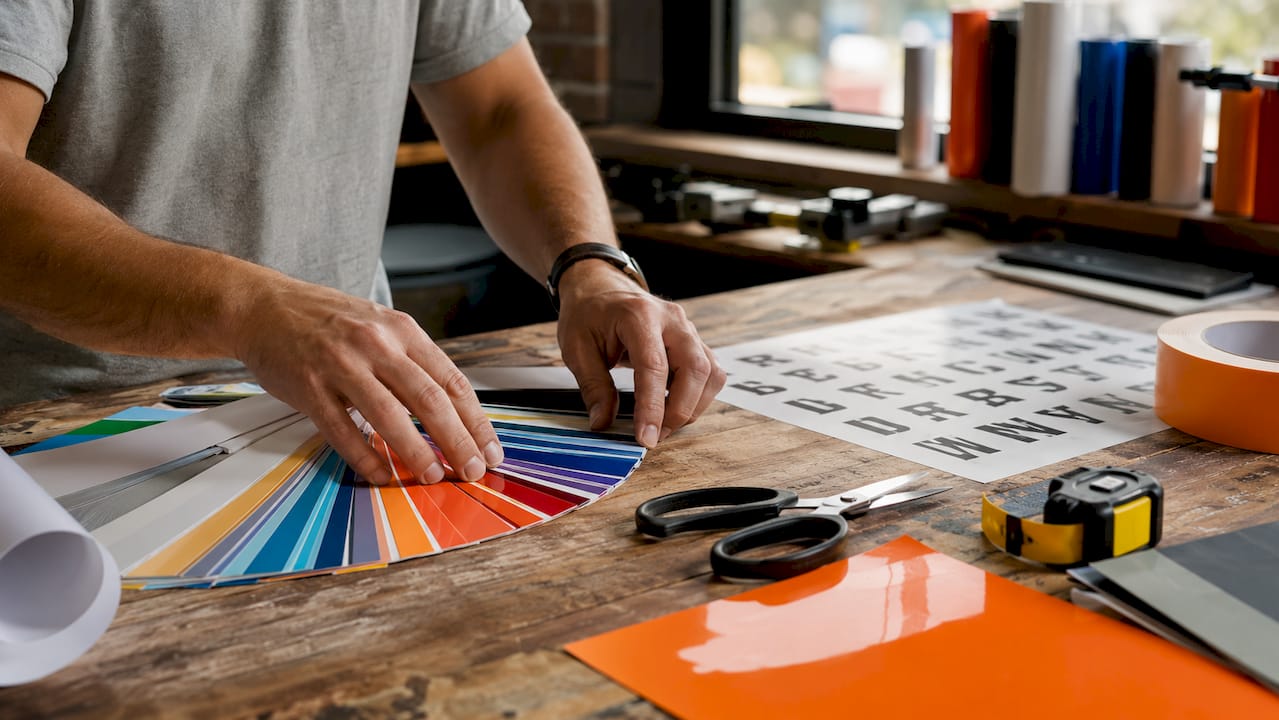 Hands adjusting colorful signage samples