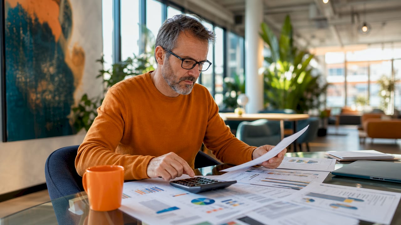 Hands calculating print budget savings at desk