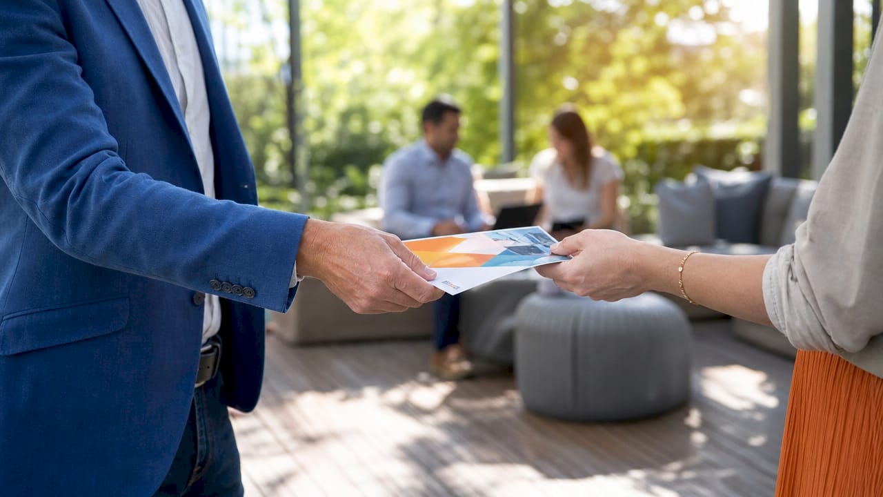 Hands exchanging printed flyer in office breakout