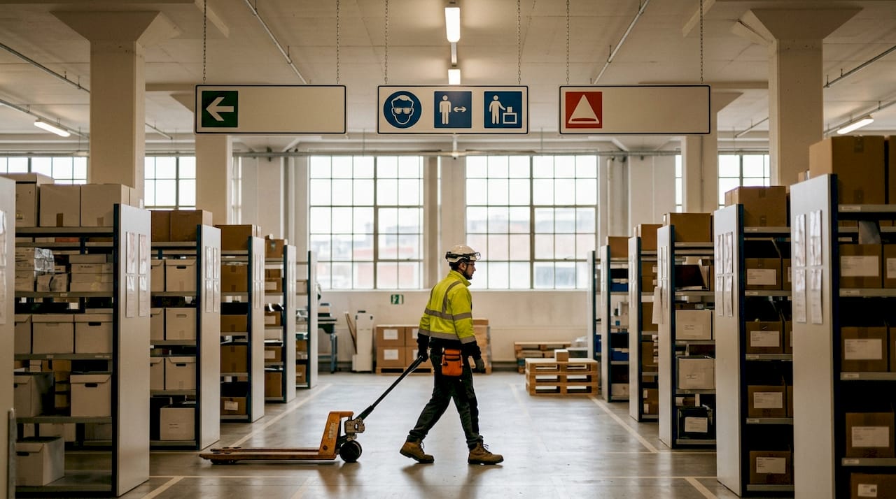 Overhead suspended signs in busy warehouse aisle