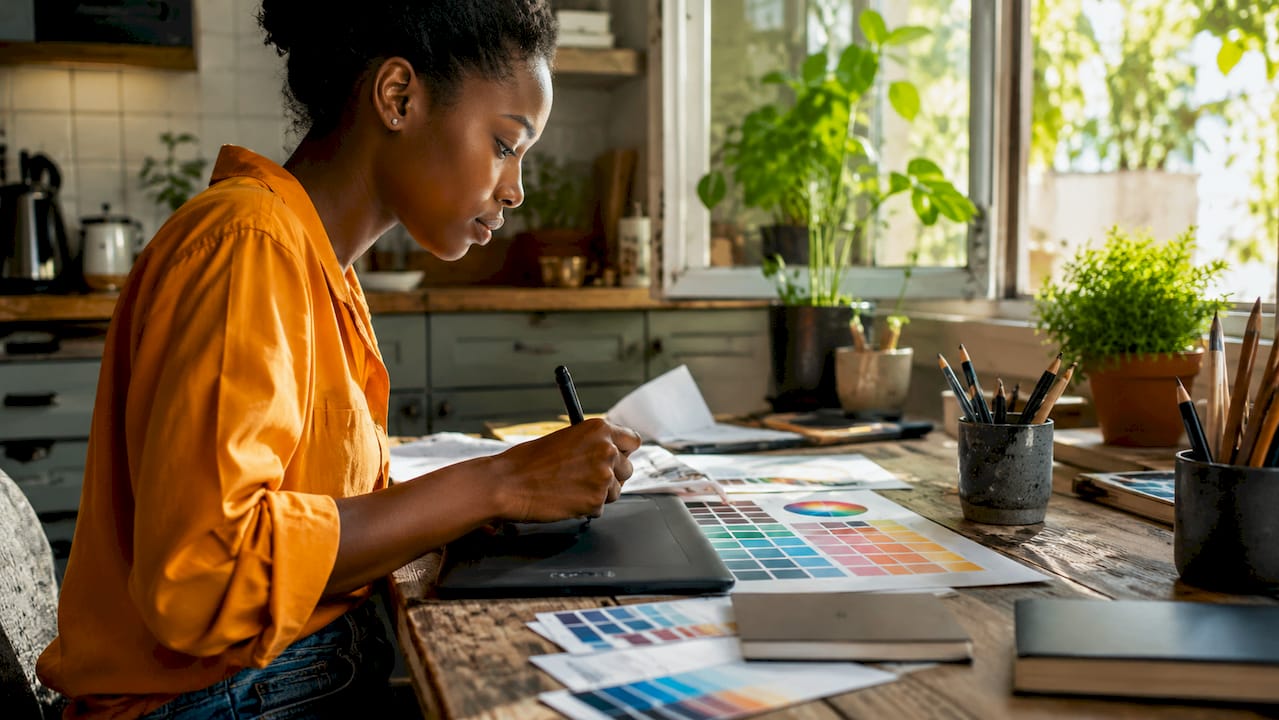 Hands adjusting colours with print proofs on desk