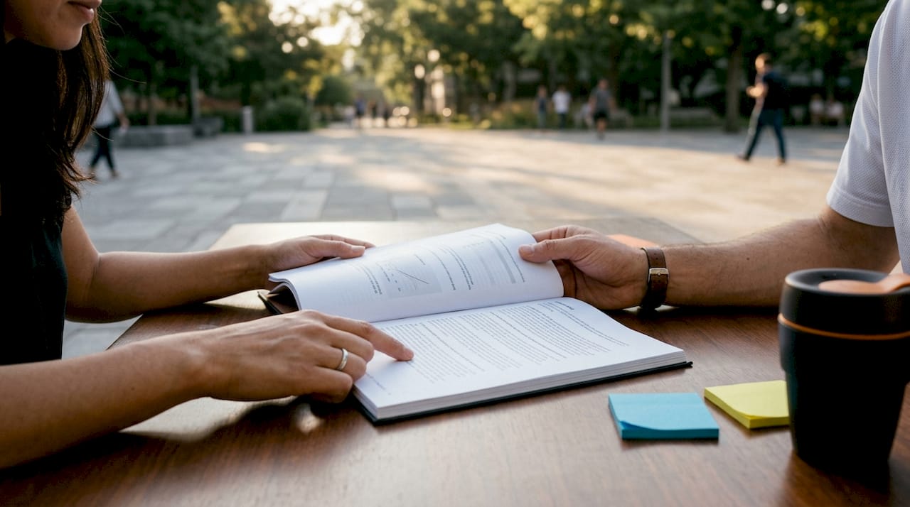 Close-up of hands interacting with printed tender document