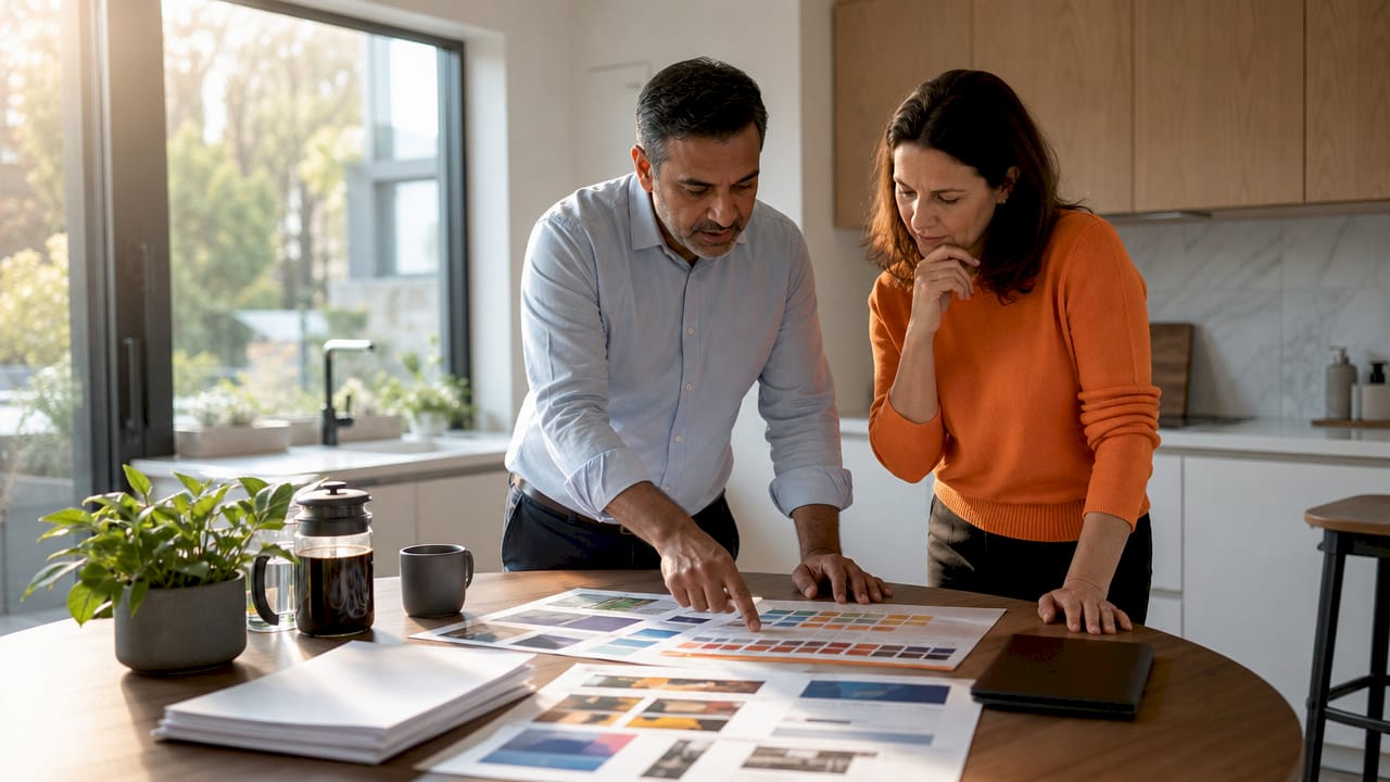 Colleagues discussing print procurement contracts