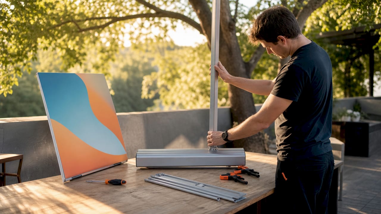 Disassembled double-sided banner stand parts on table