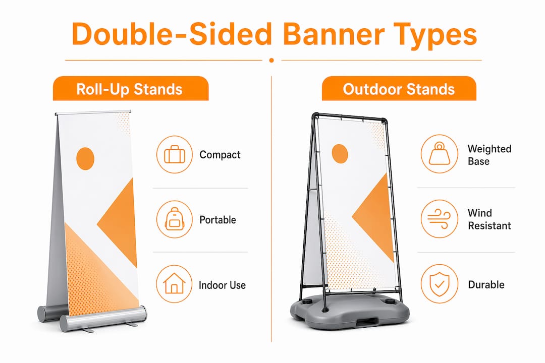 Infographic comparing roll-up and outdoor double-sided banner stands