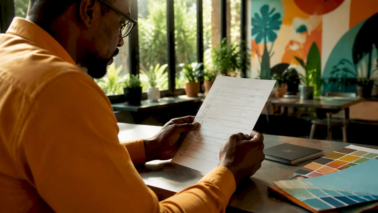 Hands examining print order checklist on desk