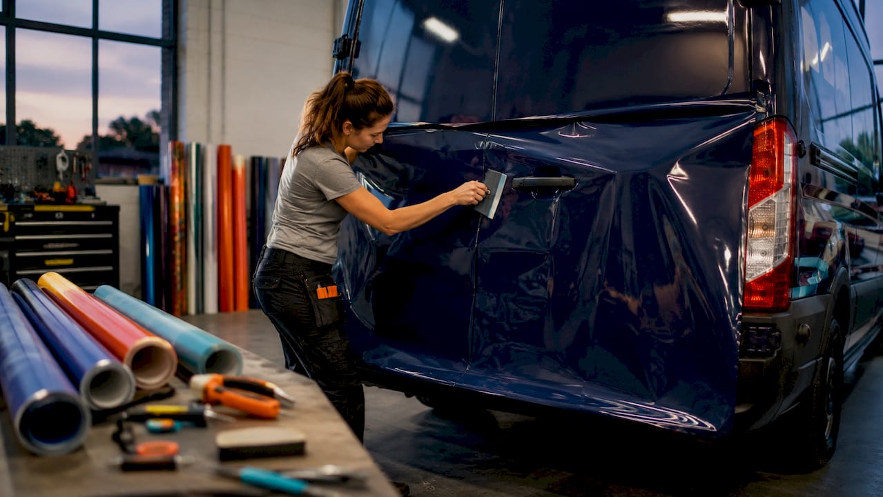 Technician applying vinyl wrap on vehicle side panel