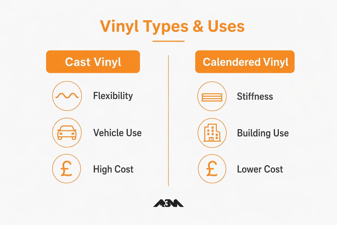 Infographic comparing cast and calendered vinyl types and uses